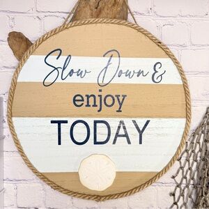 NEW LG COASTAL WOOD CIRCLE WELCOME SIGN Sea Star Starfish & Nautical Rope Decor